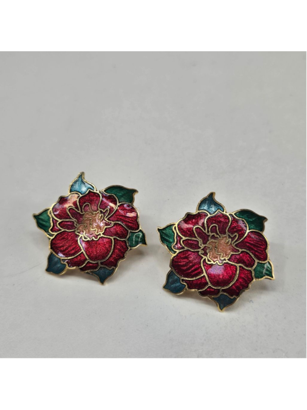 Women's Cloisonné Post Earrings Red Green Gold Floral Enamel Christmas